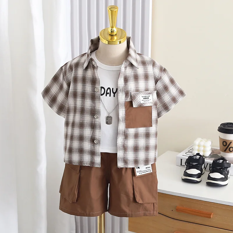

Новый летний костюм для мальчиков: рубашка в клетку и шорты, 2 предмета/комплект, одежда для младенцев, повседневный костюм для малышей, детские спортивные костюмы