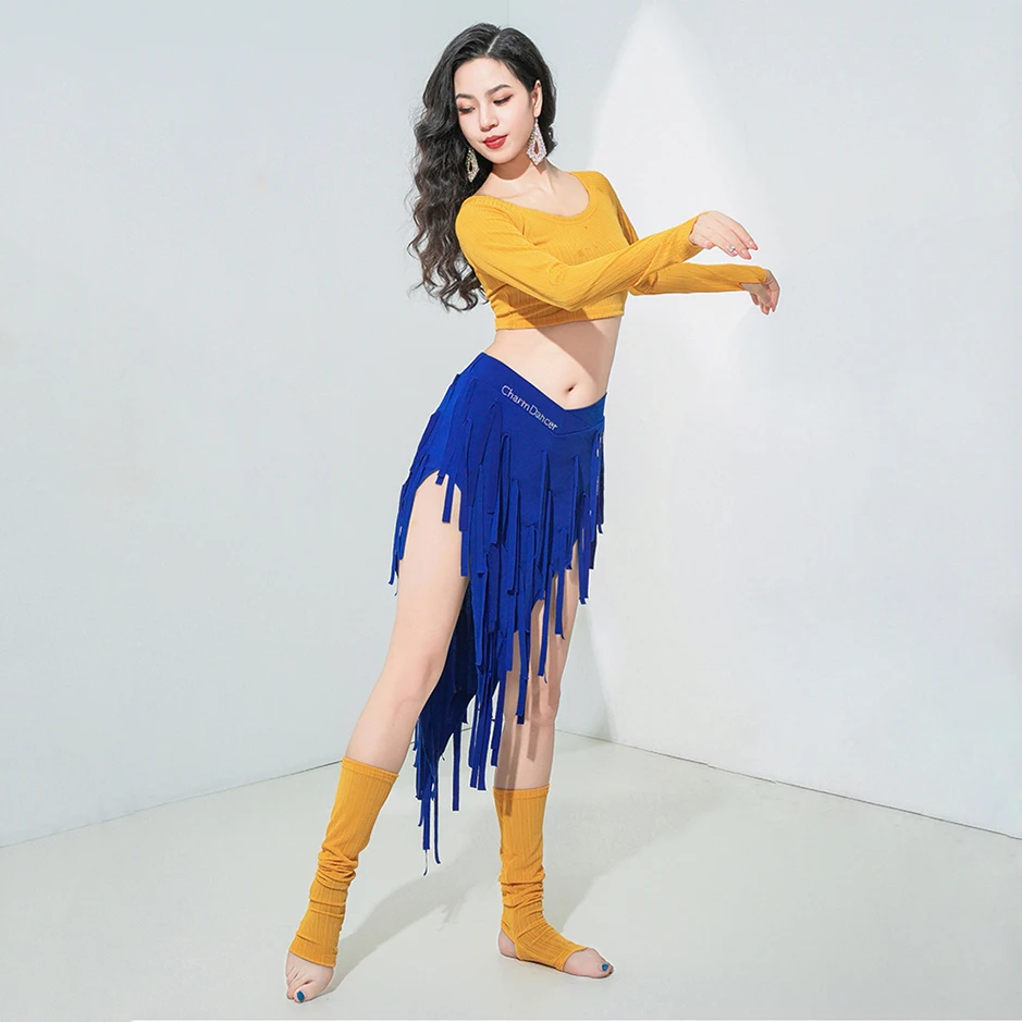 Girls Group Dance Class Clothes Fringes Hip Scarf Oriental Dance Outfit Belly Dance Costume Set 3pcs Top Skirt Tube Socks