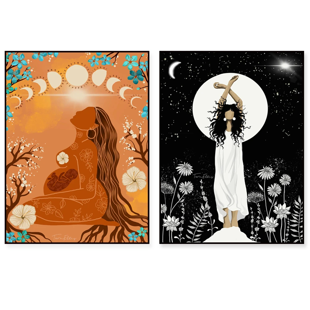 Affiche spirituelle pour femmes sur l'art du Dharma : Intuition, Aura cosmique, Illustration de l'unité et de la diversité de la pleine lune, LOTUS LUNA MAGIC, AMITIÉ