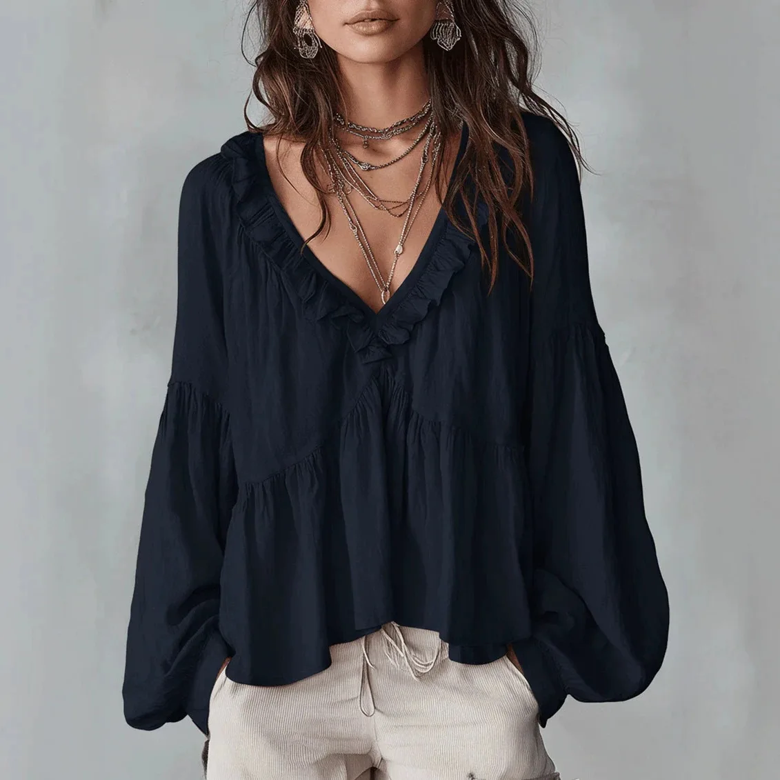 Blusa de outono com decote em V, camisa de manga comprida para mulher, blusa de primavera, peça casual, elegante, moderna, para usar no dia a dia e em