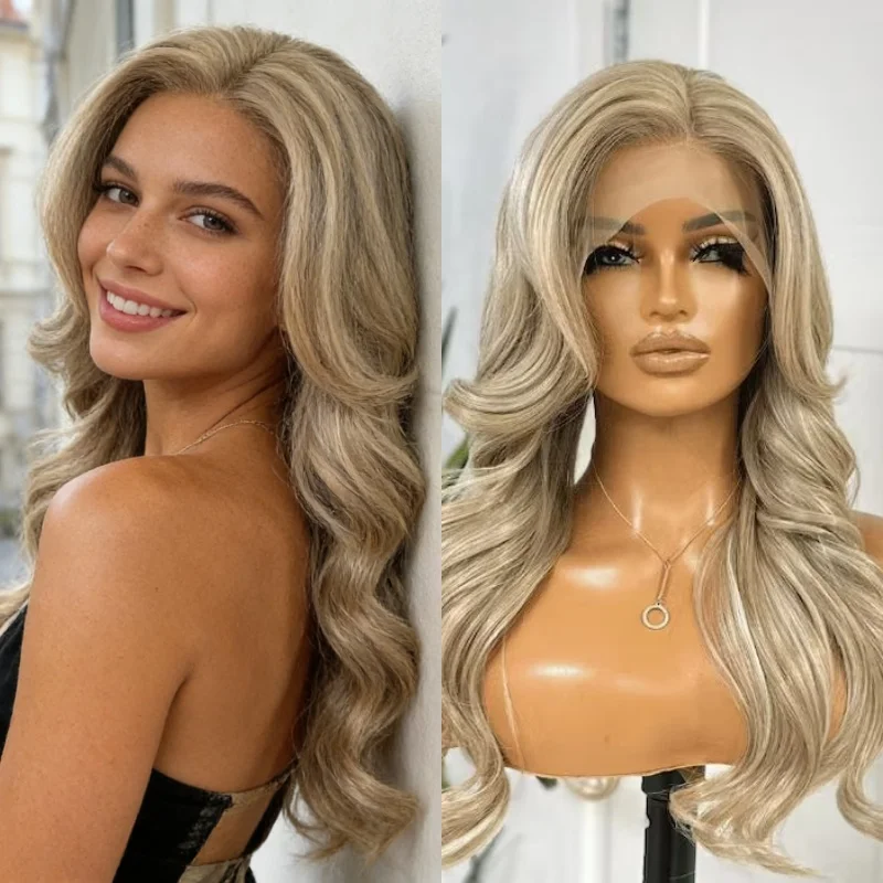 Balayage 13x4 Ombre Light Ash Golden Blonde Synthetic Lace Front Wig Natural Preplucked Hairline Woman Wigs Natural Density Wig