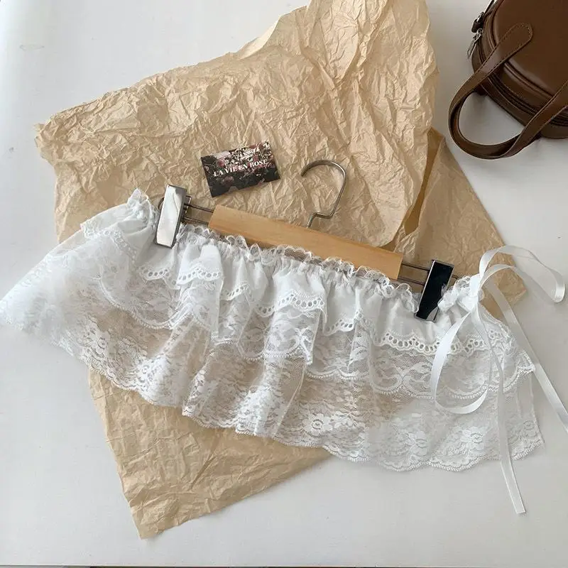 Fashion Lace Irregular Skirt Curtain White Flowers Lace Mesh Halfbody Skirt Women Summer Bottoms Jeans Decorative Hemline