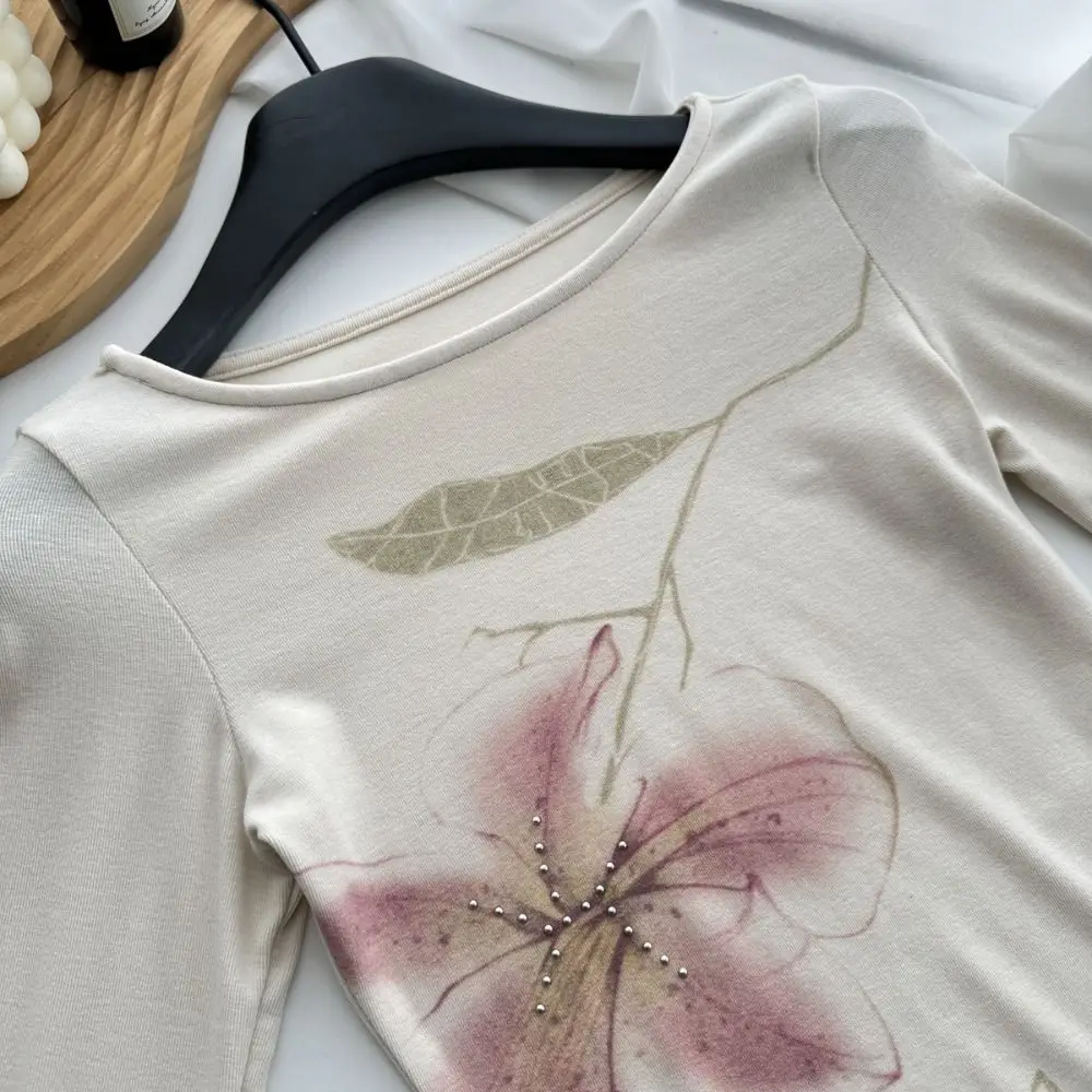 

Rhinestone Floral Long Sleeve T-shirt Sweet Korean Style Flower Shirts Women Ladies Clothing Chic Y2k Crop Tops Streetwear