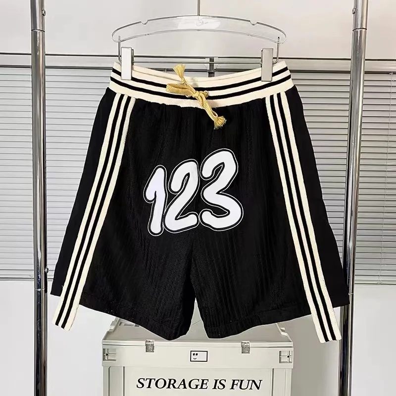 RRR123 Almond Black Shorts Printed Logo Striped Webbing Drawstring Short Sleeve Mens Womens Summer Shorts