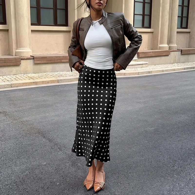Women Skirts Polka Dot Skirt Mermaid Zipper Ankle Lenth Empire Waist None Strech Slim Fit Casual Office Lady Elegant 2026 Autumn