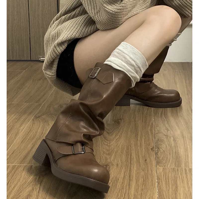 2024 Fashion Round Toe Ladies Elegant Pipe Short Boot Shoes Women\'s Footwear Heeled Comfortable Winter New Woman Biker Boots
