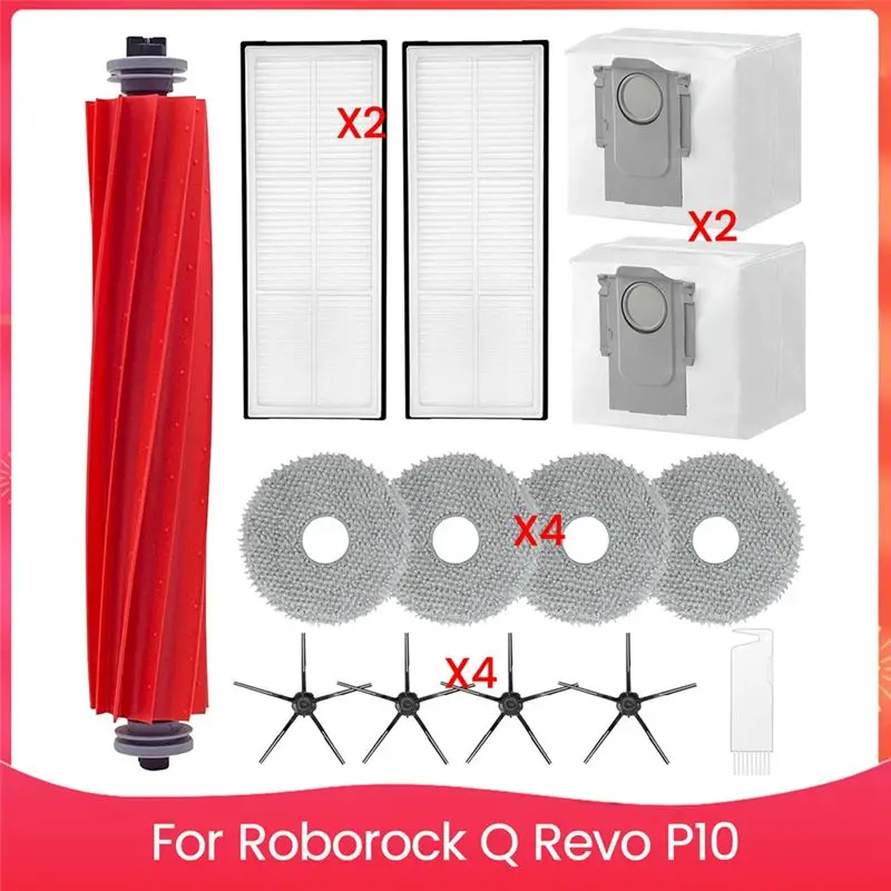 

Запасные части для робота-пылесоса Roborock Q Revo, P10: основная и боковые щетки, HEPA-фильтры, салфетки для влажной уборки, мешки для сбора пыли.