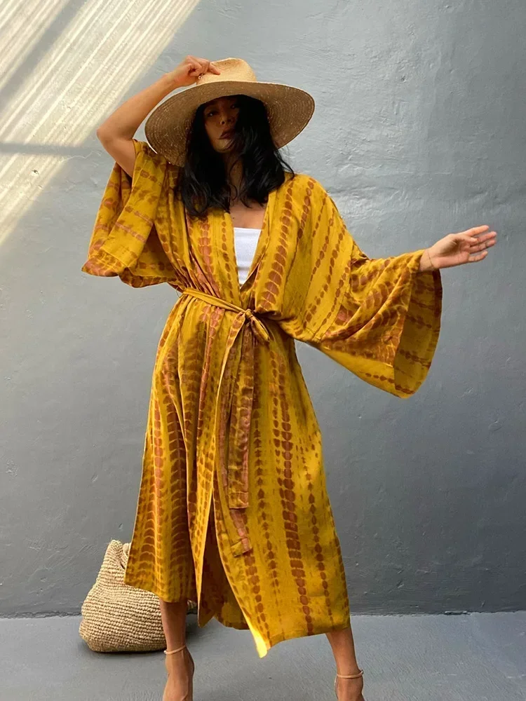 Nuevo Bikini Cover-Ups mujer playa cubrir Chic Tie Dye impreso cuello en V con cordones de talla grande playa vestido largo verano 2025 moda