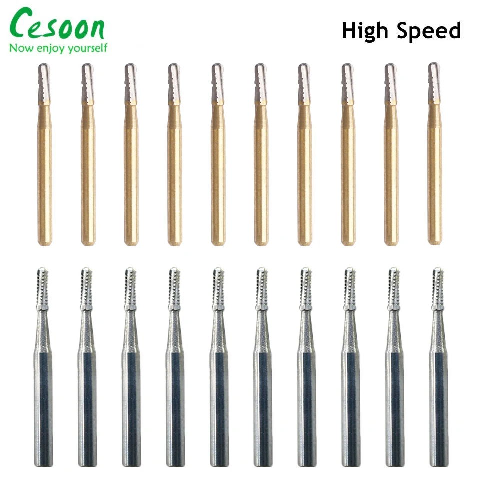 10Pcs/Box Dental Carbide Bur High Speed Tungsten Steel Crown Metal Cutting Burs FG1957/FG1958 Gold-Plated Dentist Lab Materials