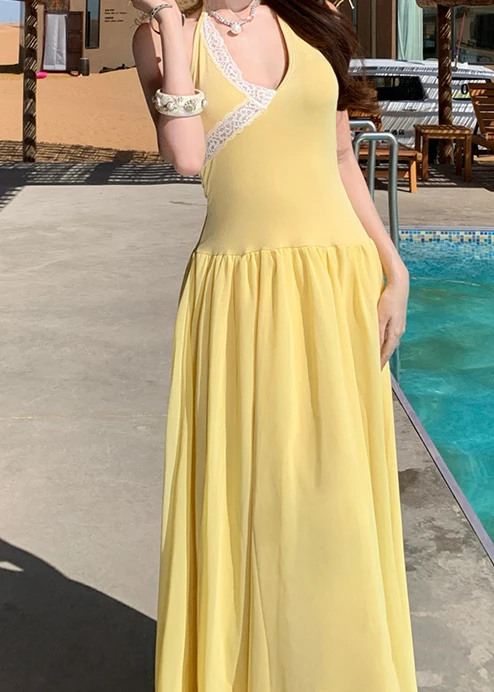 New Summer Boho Yellow Chiffon Dress Female V-Neck Backless Sexy Dress Elegant Fashion Slim Holiday Beach Long Dress