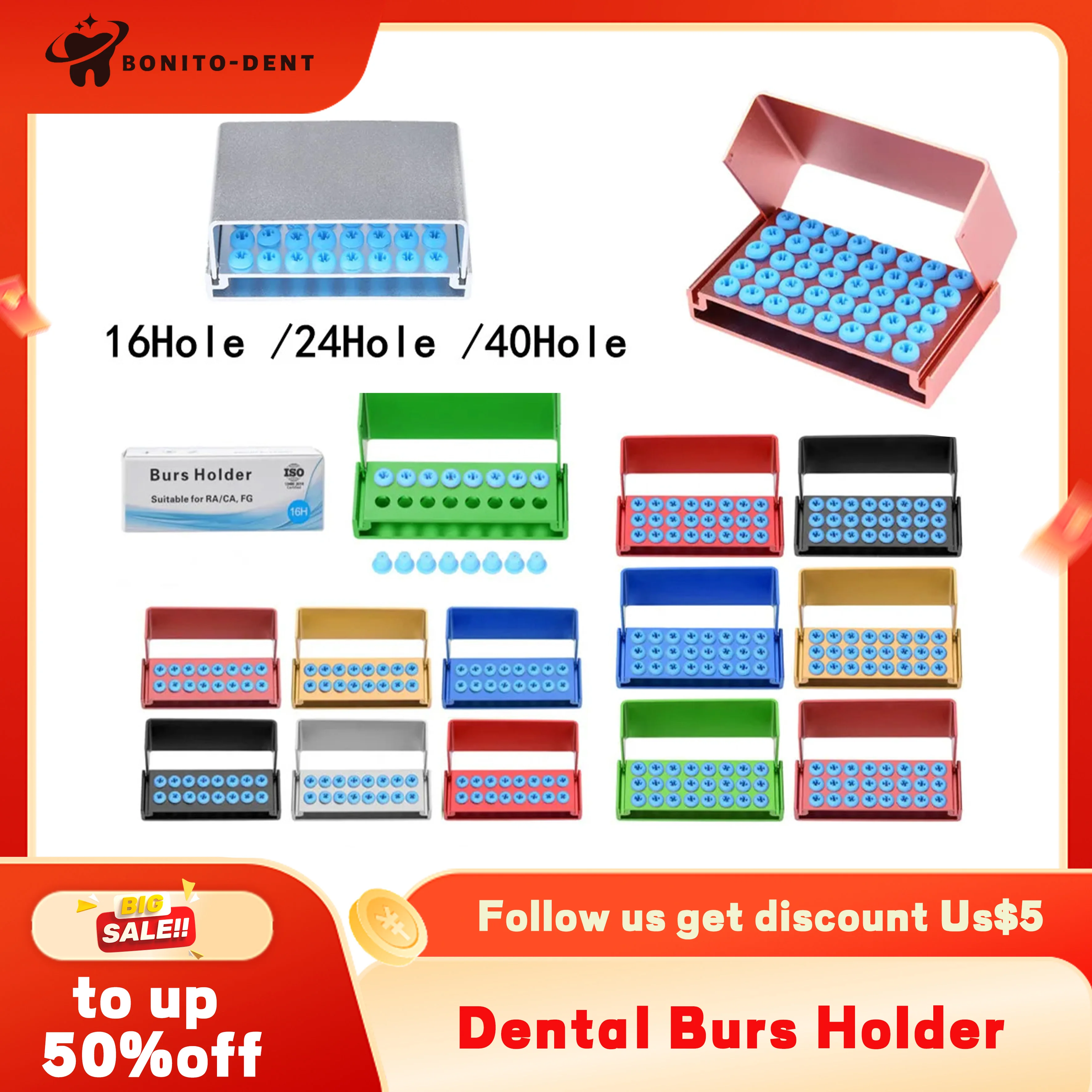 Dental Burs Holder 16 24 40 Holes Autoclavable Aluminum Drill Block for RA FG Organizer Box High/Low Speed Bur Sterilizer Case