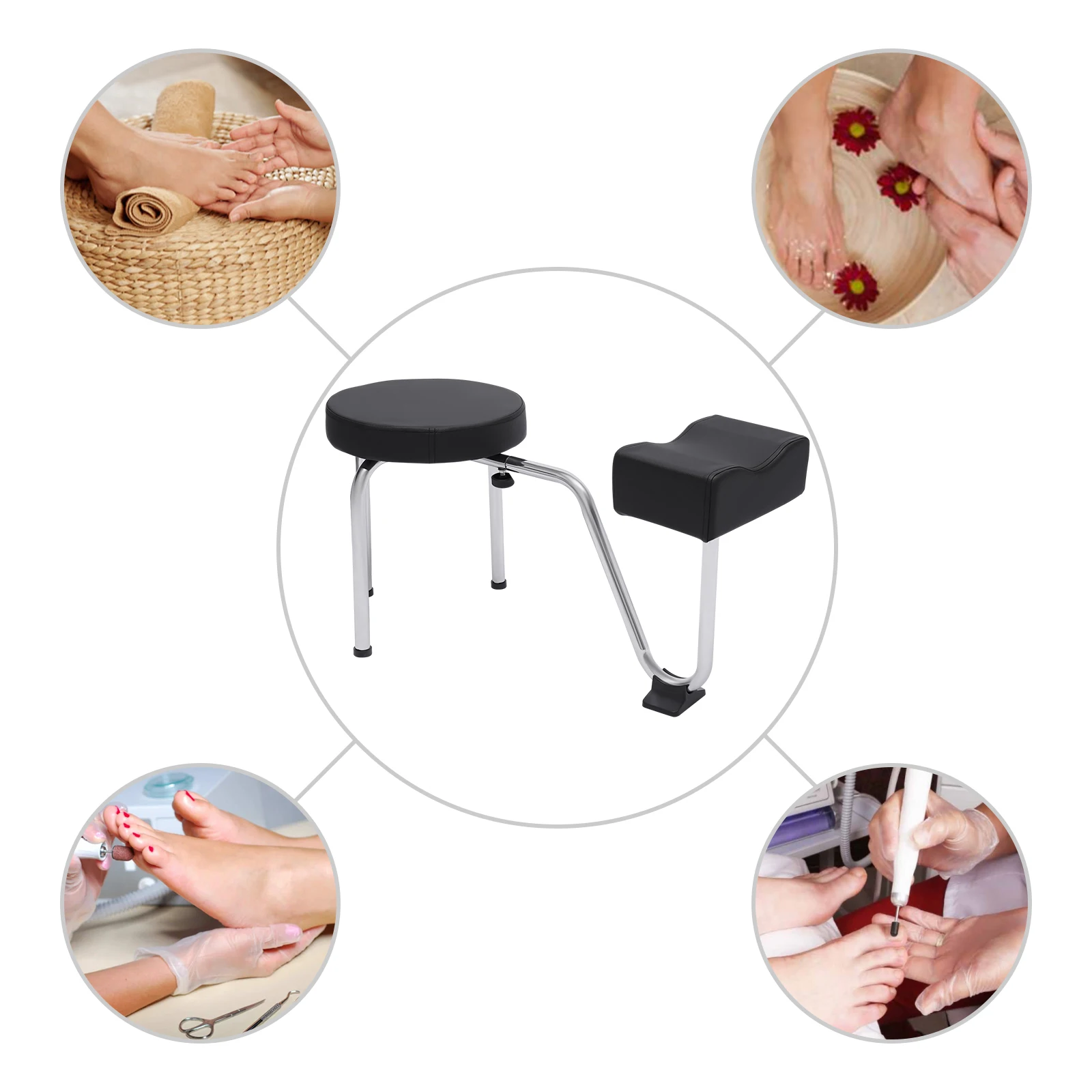 Pedicure Foot Rest Stool Height Adjustable Foot Care Chair Footrest Stool Nail Studio Spa Furniture, Black Silver Modern Design