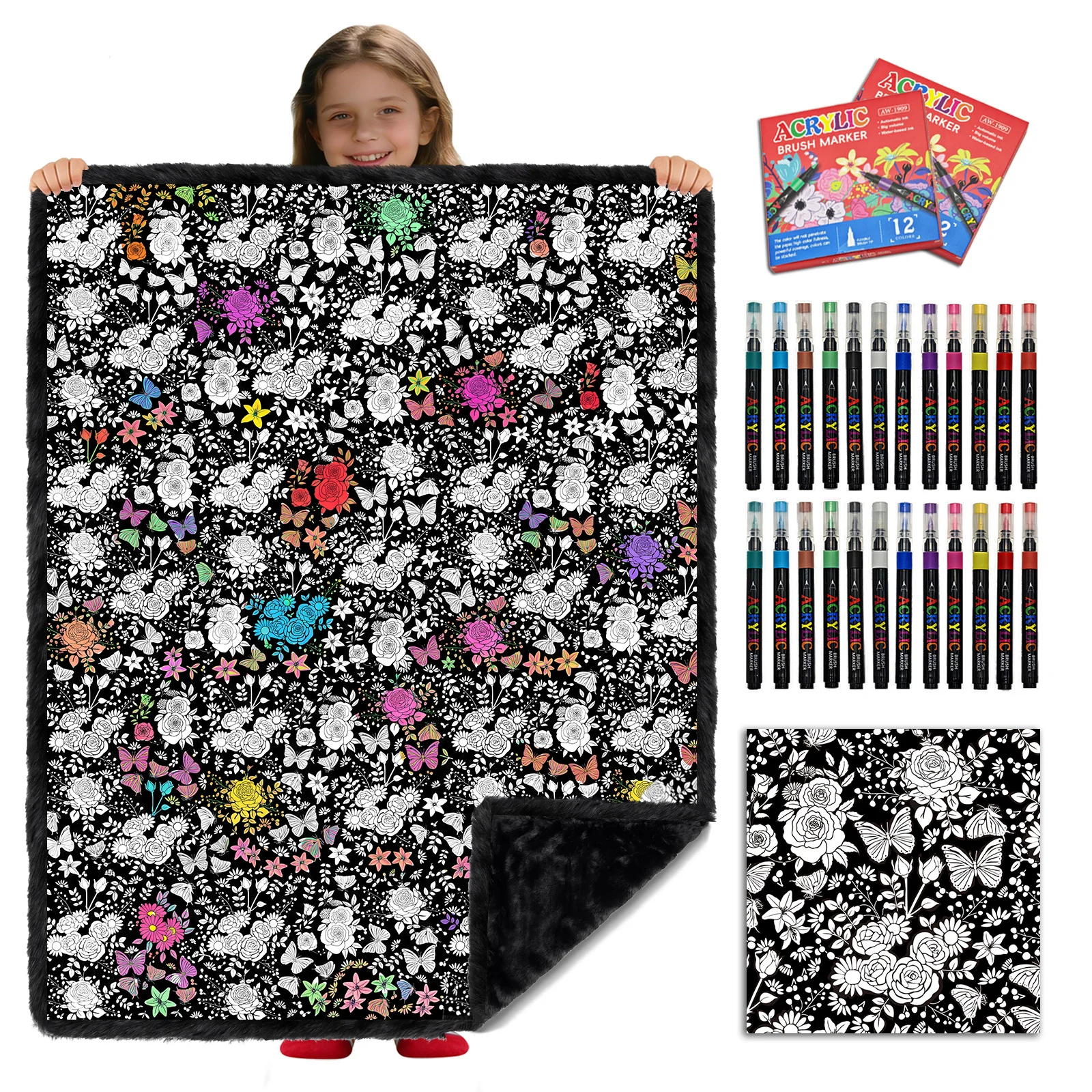 DIY Coloring Blanket for Adults & Kids, 50 X 60 Inch (Flowers) | 2 Sets of 12 Markers, Double-Sided and Velvet Back, Machine Washable, for All Ages, Daily Use & Home Decor