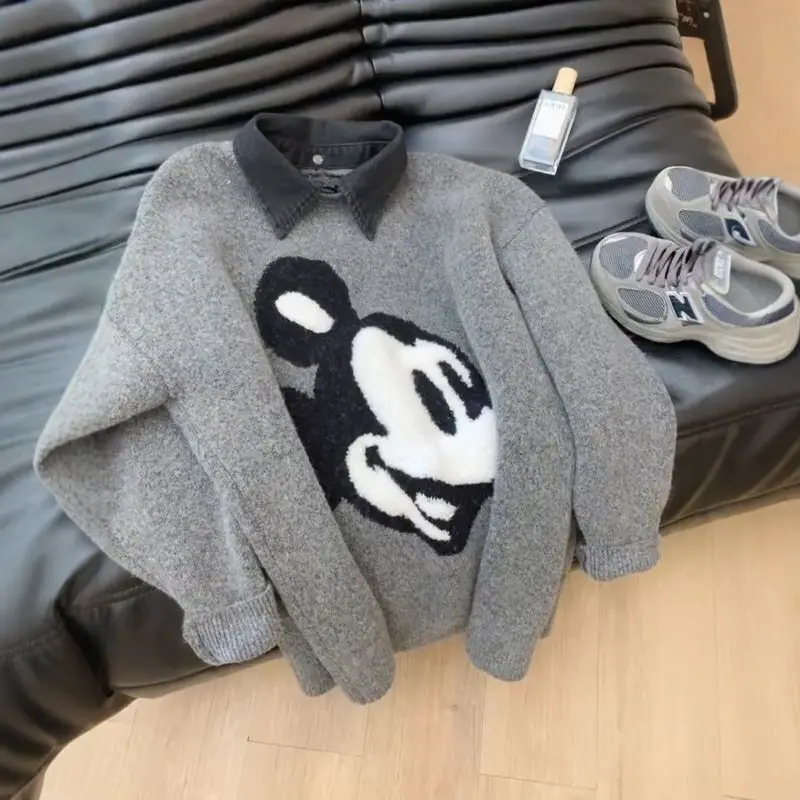 Disney Mickey Autumn And Winter New Knit Sweater For Women Trendy Patchwork Denim Collar Pullover Losse Casual Versatile Sweater