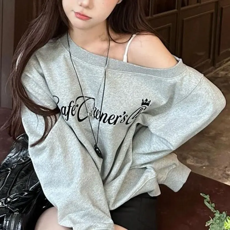 American Letter Retro Printed Sweatshirts Spring Autumn Skew Collar Female Clothing Casual Loose Fashion Off Shoulder Hoodies