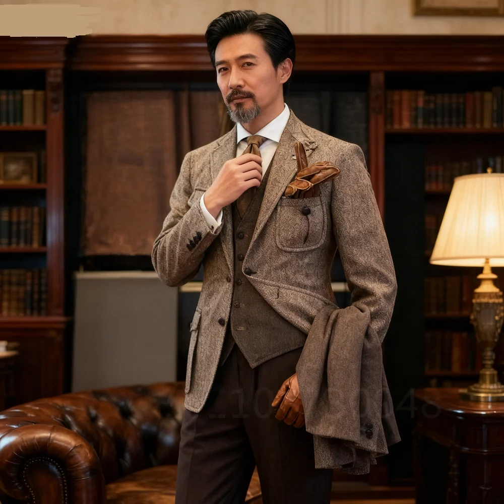 

Men's Brown Tweed Blazer Smoking Single Breasted Formal Business Wedding Suit XS-6XL Fish Spine Design Cashmere Jacket