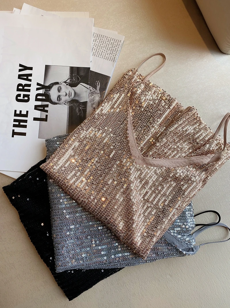 

iny Sequin V-Ne Strap Vest Women Summer Outerwear Bling Blouse Inner Match Large Size Straight Cut Commute Sle