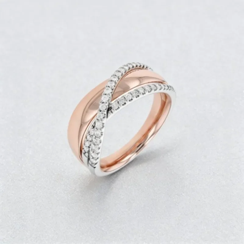 New Brushed Rose Gold Two-Tone Ring, Fashionable Cross Wrap Design, Personalized Style Ring