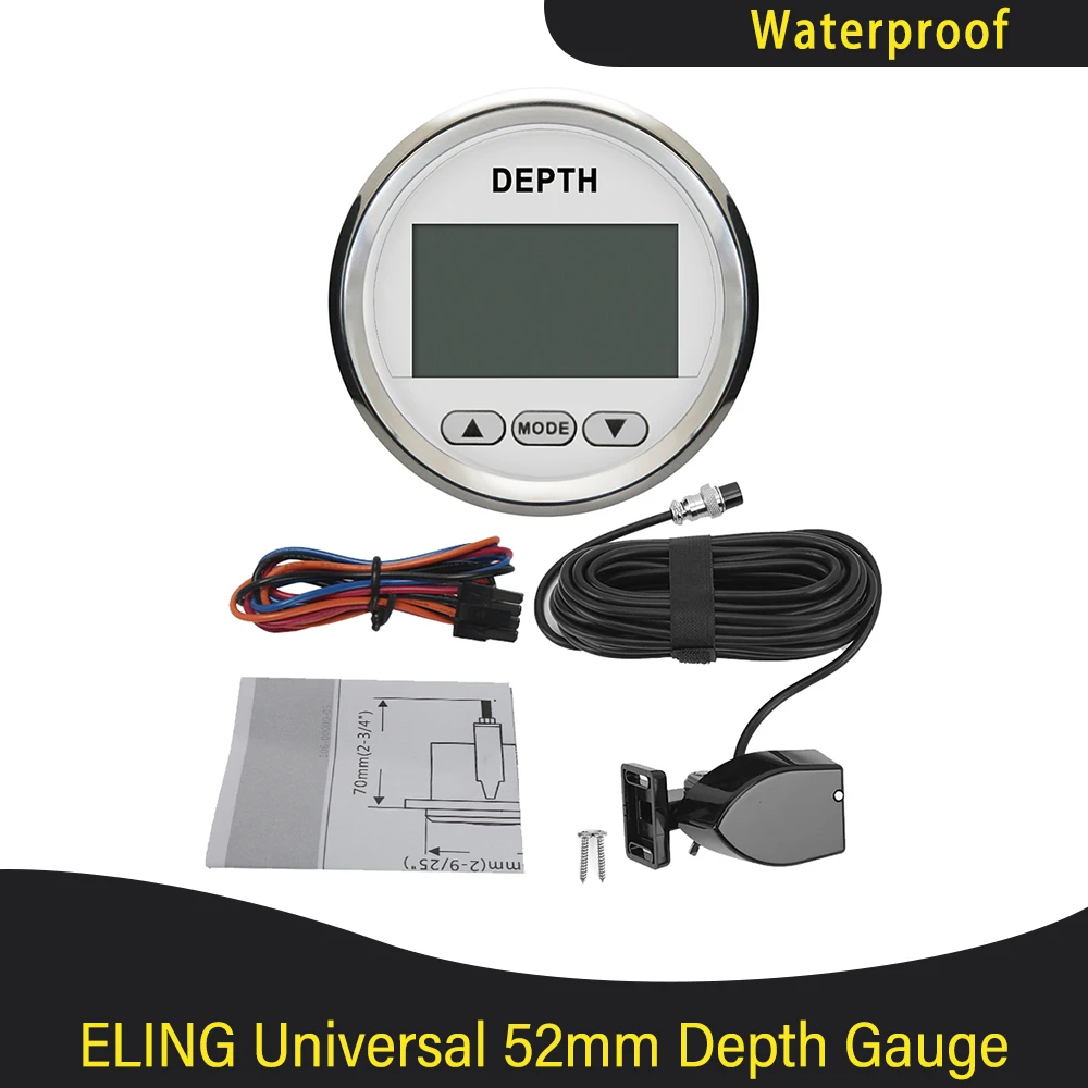 Marine 52 mm digitale dieptemeterindicator met transducer en witte achtergrondverlichting voor jachten vissersboten universeel 12V