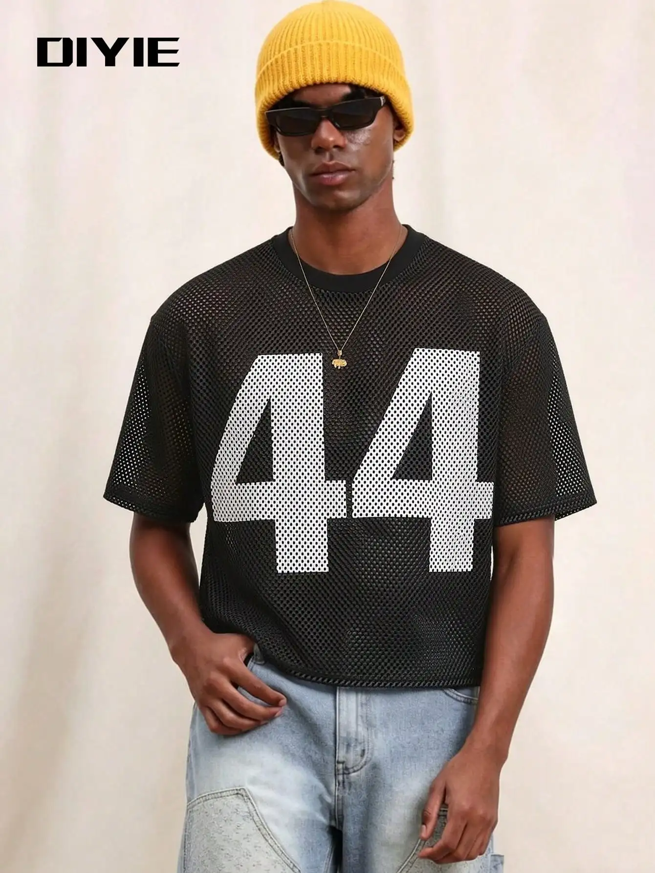 DIYIE Herren Mesh Openwork Bedrucktes Kurzarm-T-Shirt Jugendliches Streetwear Kurzarm-T-Shirt Sportlicher Stil Kurzarm-T-Shirt – Detail 5