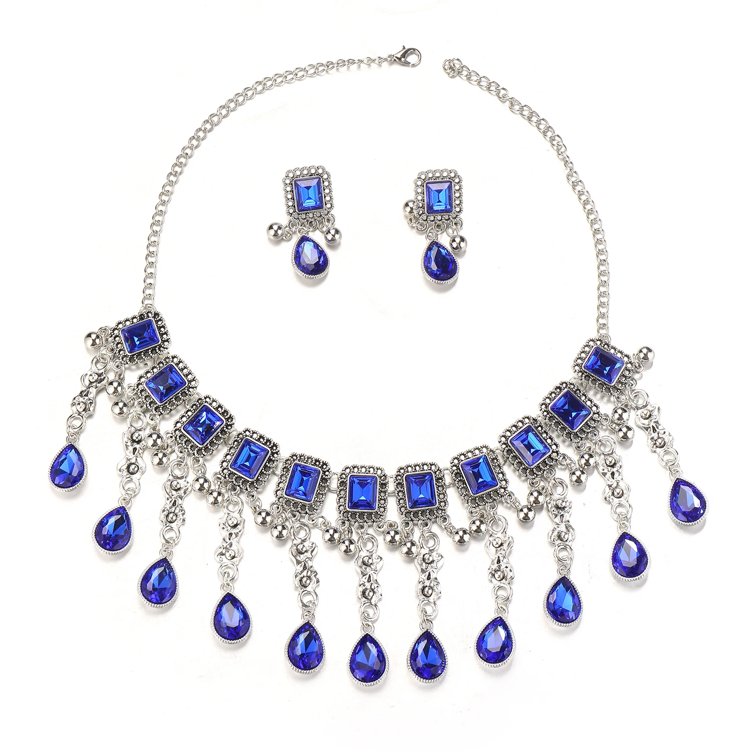 Vintage Geometric Glasses Stone Decoration Necklace Earrings Set Jewelry For Women Tassel Chains Pendant Jewelry Set