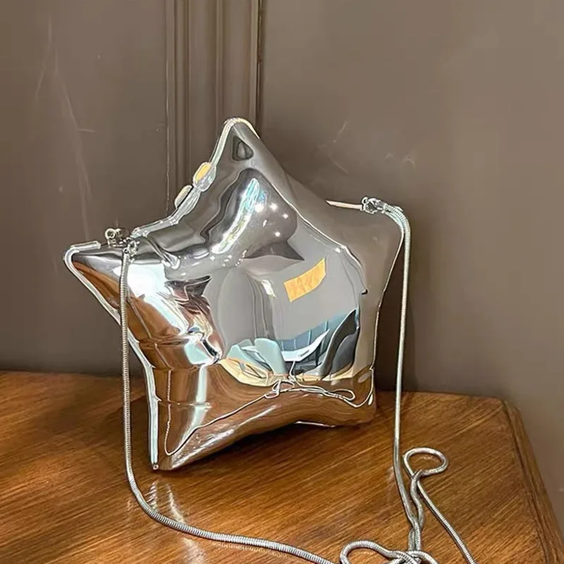 Luxury Designer Metal Silver Star Shaped Bag New Women's Evening Party Chain Crossbody Bag Fashion Celebrity Purse Shoulder Bag