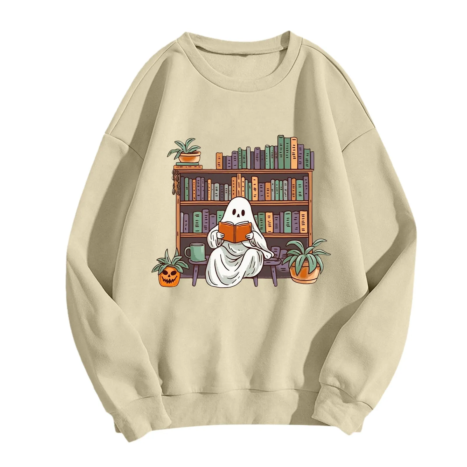 

Bookish Ghost Sweater Spooky Library Sweatshirts for Book Lover Reading Hoodies Women's Clothing Pumpkin Crewneck Librarian Gift