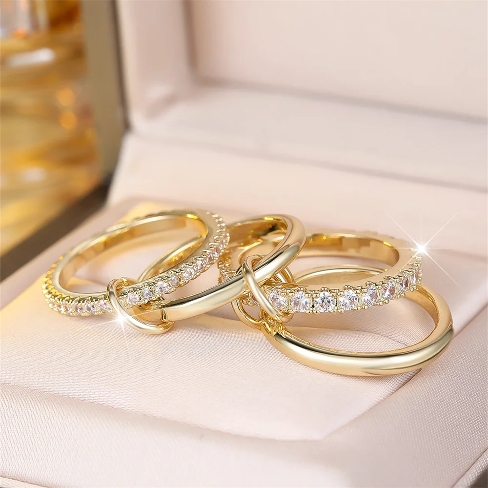 Luxury Crystal Round Stone Ring Sets For Women 4pcs Trendy Gold Color Engagement Wedding Jewelry Bridal Versatile Gift