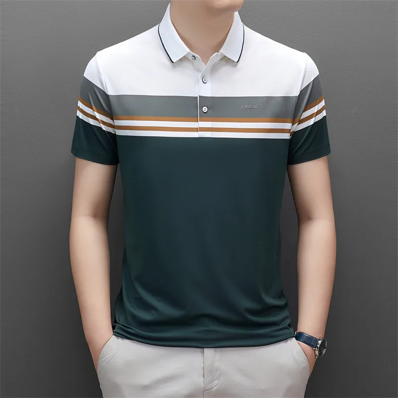 Short-Sleeved T-shirt Summer New Young and Middle-Aged Men's Polo Collar Stripes Color Matching T-shirt Men's Short-Sleeved Top