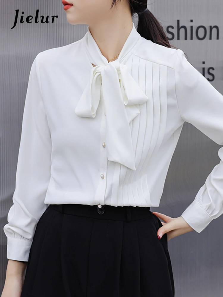 

Jielur New French Solid Color Slim Long-Sleeved Women Shirt Casual Loose Chiffon Shirt Women White Basic Simple Chic Top Female