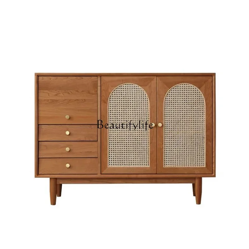 White oak side cabinet Nordic simple cherry wood rattan storage chest Japanese style