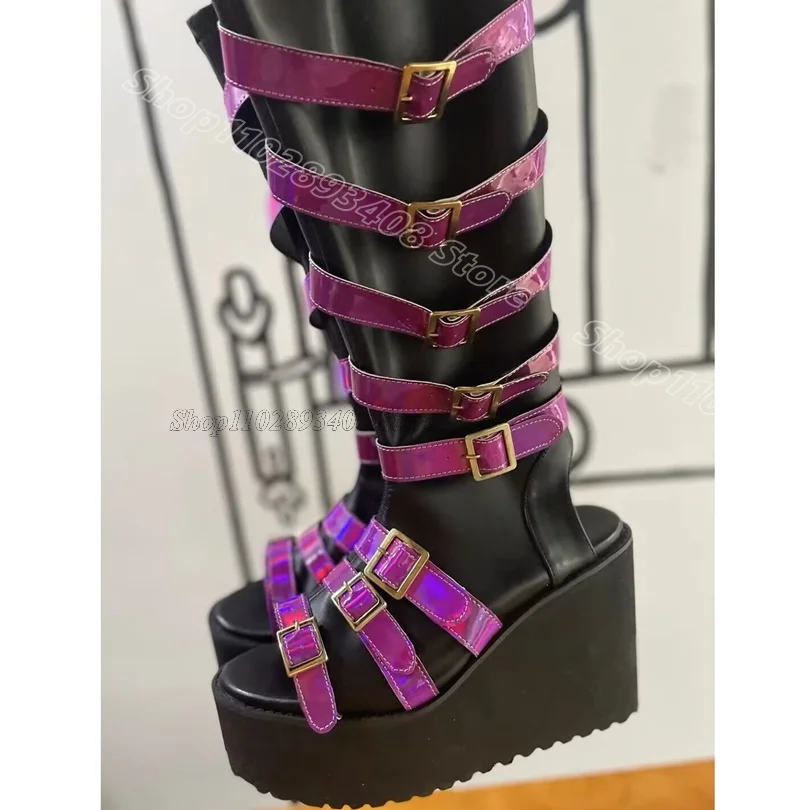 

Black Wedges Heels Punk Style Boots Open Toe Belt Buckle Leather New Fashion Dress Summer Sandal Boots 2024 Zapatos Para Mujere