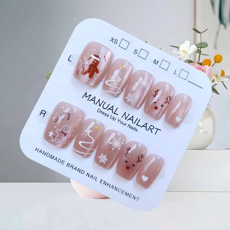 Patch de manucure court fait à la main, 10 pièces, bonhomme de neige, élan, arbre de noël, faux ongles pour enfants, dessin animé du père noël, Nail Art portable