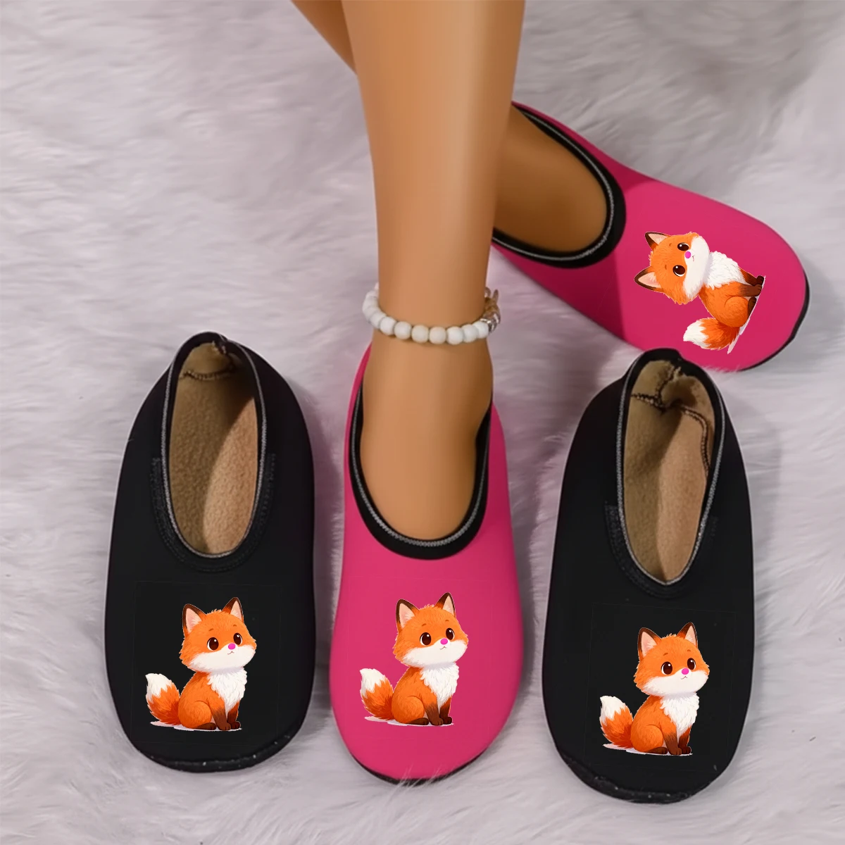 

Four season wearable women's animal cute little fox pattern printed suede breathable high elasticity indoor floor slippers
