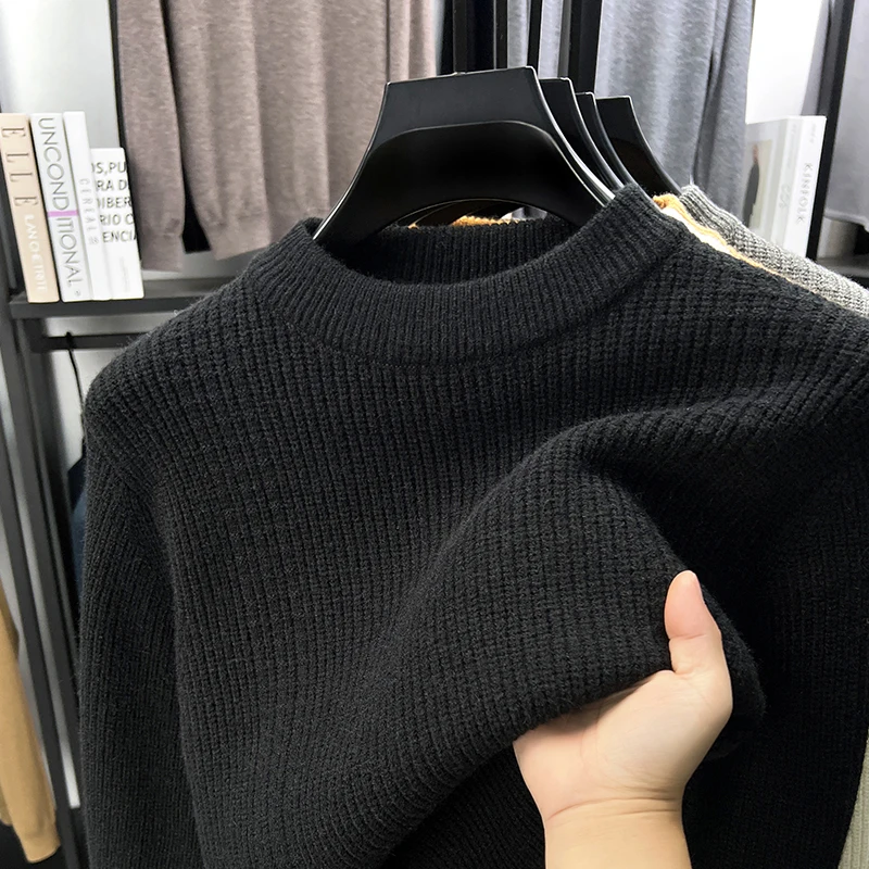 Premium solid color round neck knitted sweater men high-quality thicken warm autumn winter fashion soft comfort casual pullover
