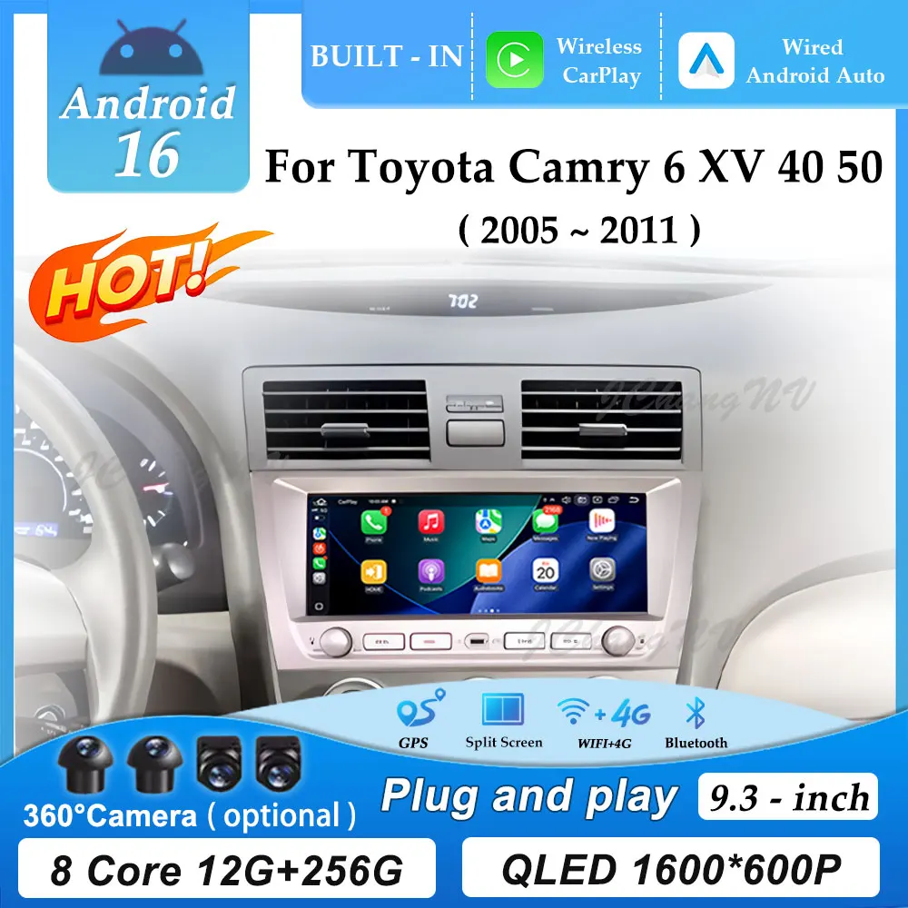 Radio Multimedia para Auto con Pantalla de 9.3" Android 16 para Toyota Camry 6 XV 40 50 2005-2011, Unidad Principal Carplay, GPS, Navegador, Accesorios, Reproductor DSP