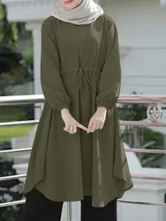 ZANZEA-Blusa Abaya muçulmana feminina, tops de manga comprida, túnica monocromática, camisa muçulmana na moda, Dubai e Turquia, hijab oversize, primavera