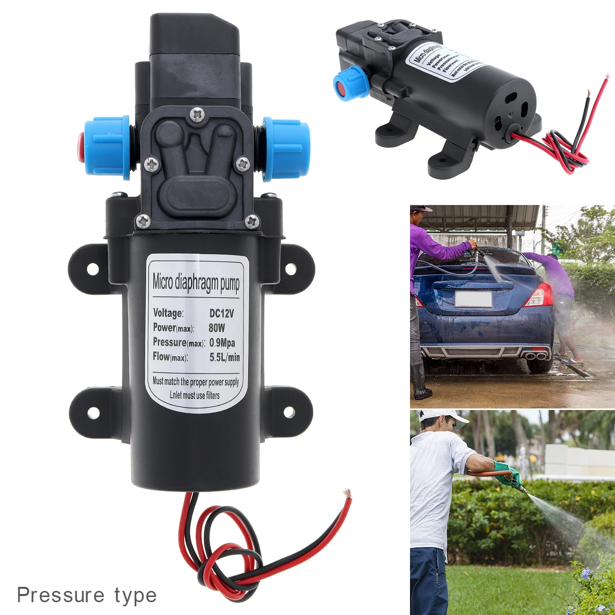 12V 60W/80W 5L/min 5.5L/m Self Suction DC Intelligent Mini Diaphragm High Pressure Electric Car Wash Pump for Car / Home /Garden