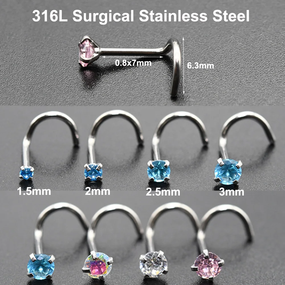 4Pcs-Pack 1.5/2/2.5/3mm Durable Stainless Steel Nose Ring with Round Gem Versatile Body Jewelry for Nostril Labret Stud and Ears