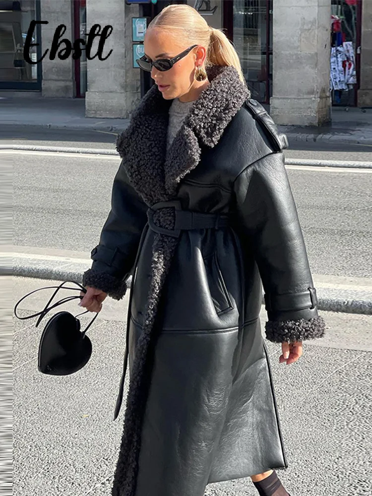 Abrigos largos informales de lana de cordero y cuero, chaquetas gruesas con cinturón de un solo pecho y cuello vuelto, abrigo de calle a la moda 2024