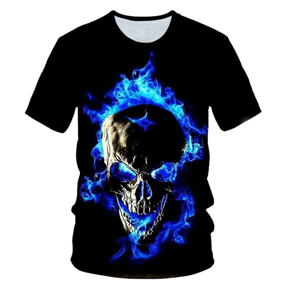 Halloween 4-20Y Kids Punk Style 3D T-Shirt Boys Girls Blue Fire Skull Crown Death Motorcycle Snake Flower Print Children T Shirt