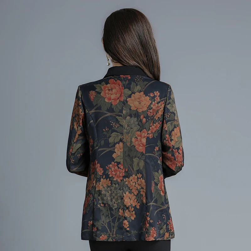 Vintage Printed Spliced Pockets All-match Blazer Women Clothing  Spring and Autumn Casual Tops Loose Office Lady Blazers