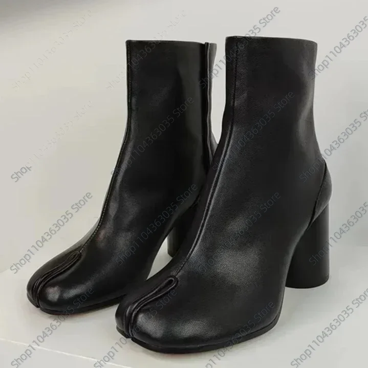 

2025 Spring Soft Leather Split toe Tabi Women Ankle Boots Fashion Thick High heels Chunky Shoes Ins Style Short Booties