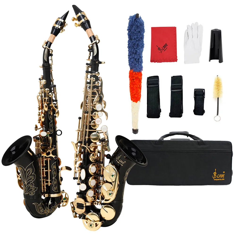 

SLADE Soprano Saxophone Bb key Brass Saxophone Carved White Shell Button Black Gold Button Sax with Case Strap Brush Parts