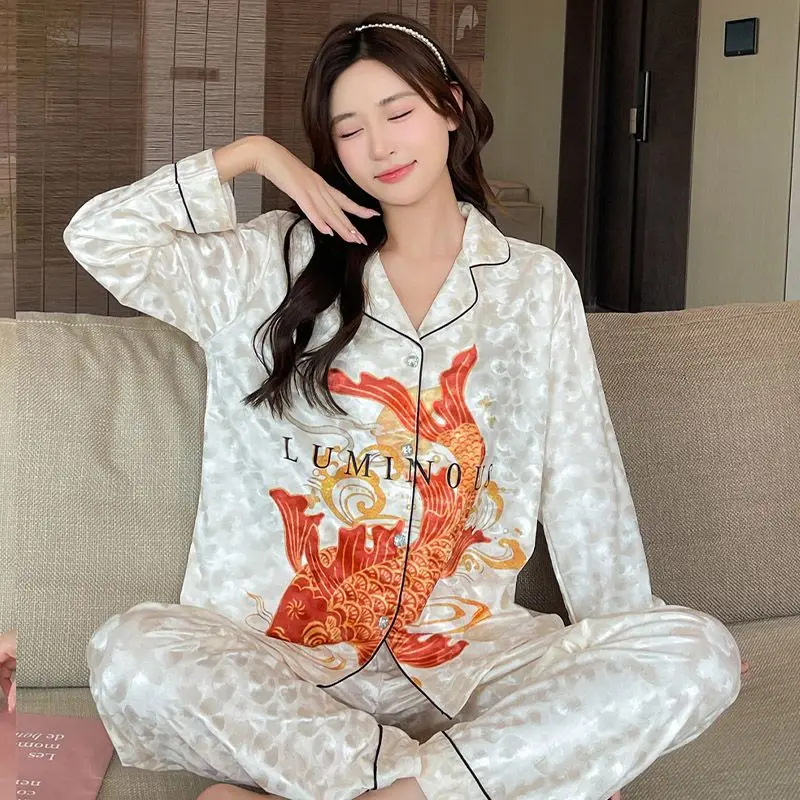 Spring Autumn New Sleepwear Women's Long Sleeve Sweet Cardigan Casual Homewear Suit Casual Large Size Fashio Pajamas Set 2024