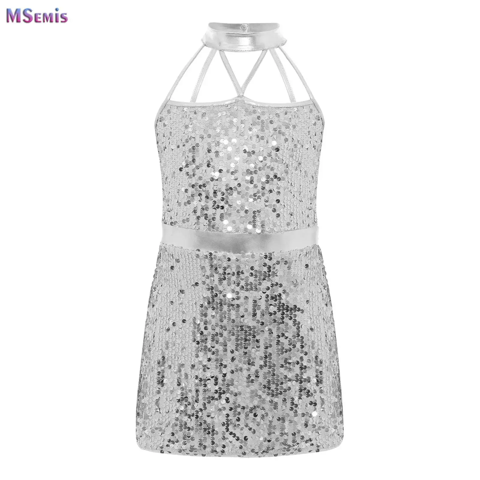 

Girl's Sparkly Sequins Dance Unitard Dress Jumpsuit Romper Bodysuit Children Leotard Kids Cheerleading Jazz Dance Costumes