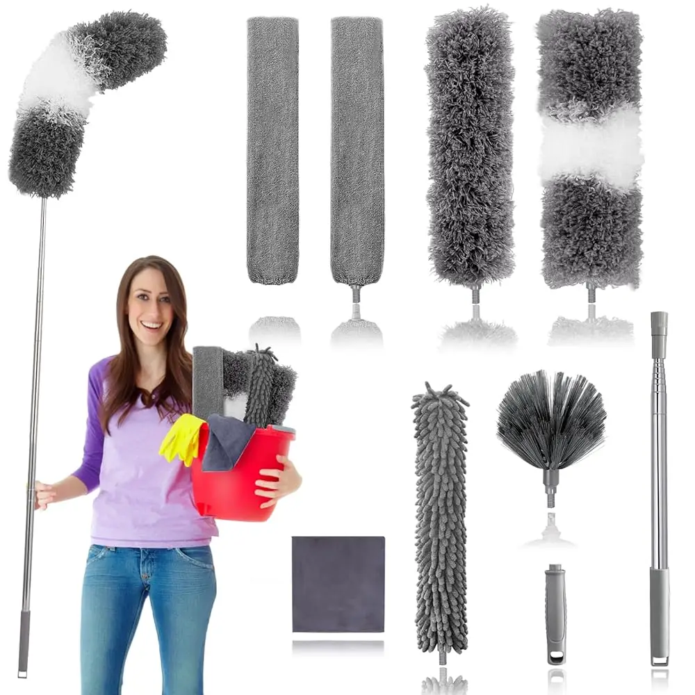 

Набор из 9 перьевых метелок для уборки с удлинительной ручкой до 100 дюймов, гибкие выдвижные длинные перьевые метелки для уборки