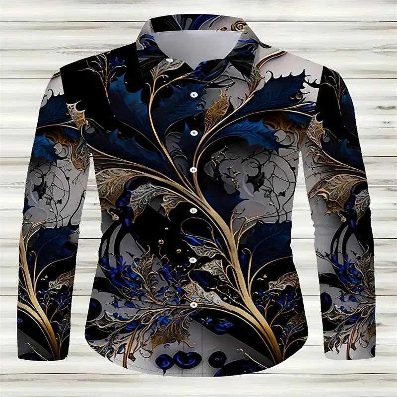 European and American men's personalized casual long sleeved shirt - trendy ink print - single breasted lapel for spr