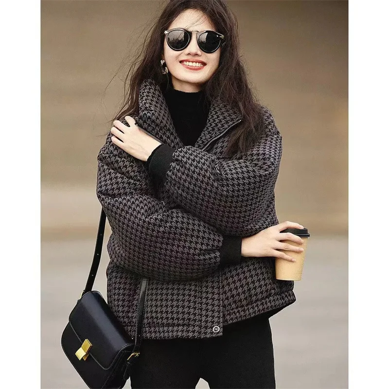 Cotton-Padded Jacket Women Parkas Winter New Short Temperament Houndstooth Cotton Coat Thicken Outerwear Fashion Overwear Ladies