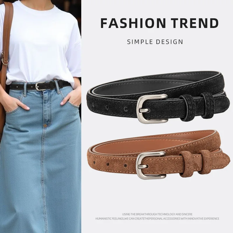 

2025 New Retro Design Genuine Leather Frosting Suede Belt Ladies' Alloy Pin Buckle Versatile Jeans with High-end Belts for Women